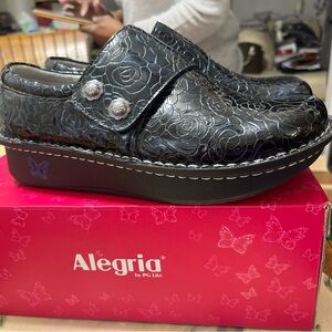 Alegria Black Floral Patent Clog Mule with Silver Buttons